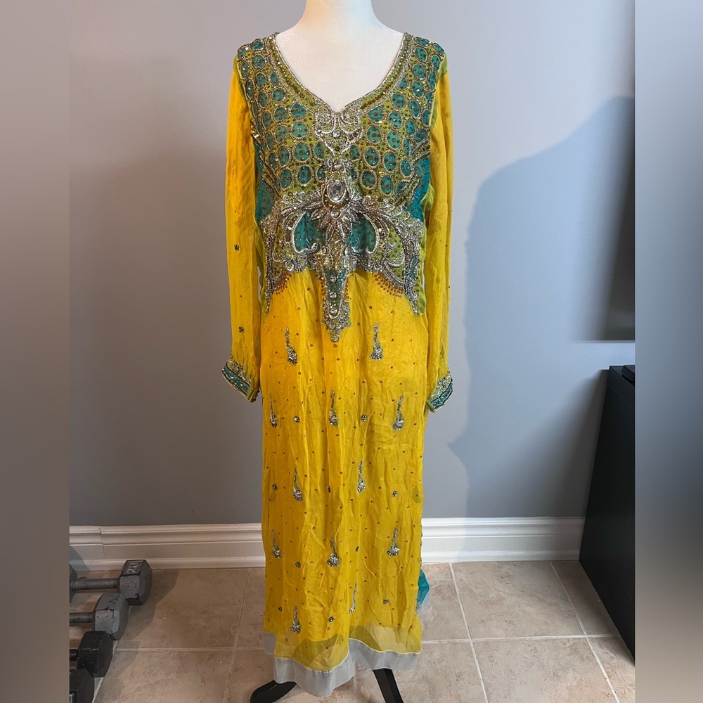 Gorgeous Yellow and Teal Embellished Shalwar Kameez